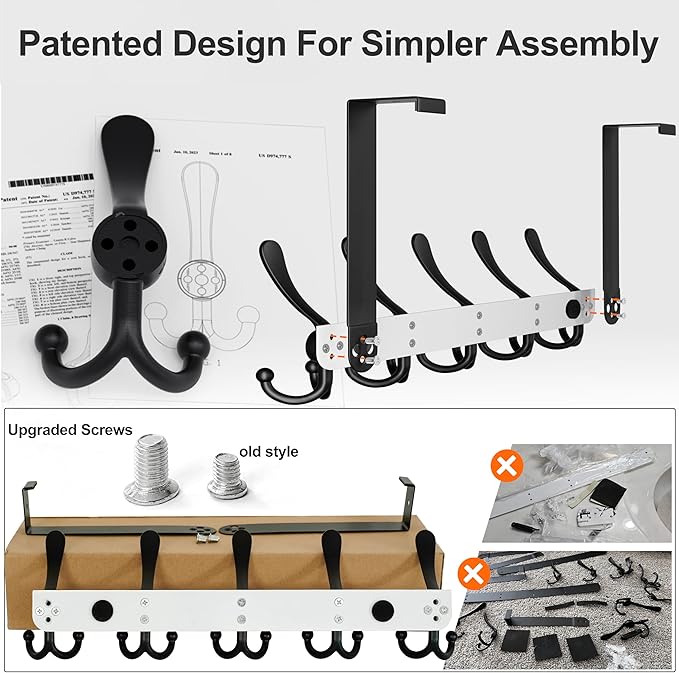 Dseap Over Door Hook 2.0 - Upgraded Version - Simple-Assembly, Strong, Heavy-Duty Stainless Steel 5-Tri-Hook Over The Door Hanger Rack, SimpleStrong Series, White & Black