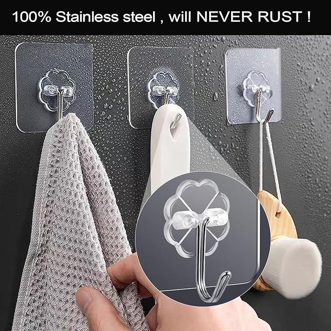 ZESLMG Adhesive Wall Hooks No Damage for Hanging, 36 Pack Large Self Sticky Hooks Heavy Duty 44lb Removable, Clear Hook for Shower Towel Coat Key Picture Wreath Outdoor Bathroom Kitchen, Waterproof