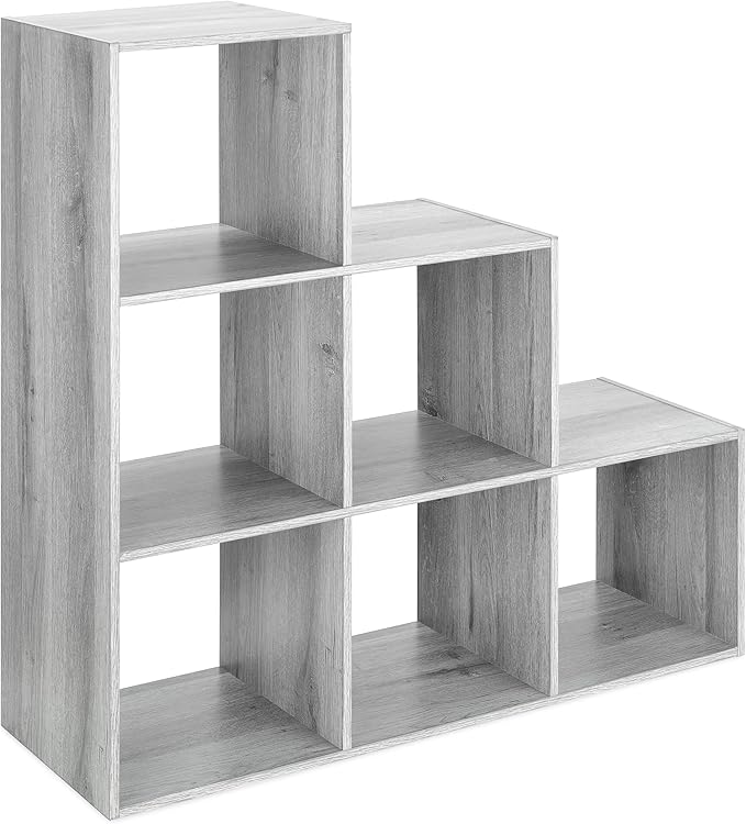 Whitmor 6 Cubes Bookshelf, Freestanding 6 Cube Stepped Etagere Bookcase, L Shaped Ladder Corner Open Bookshelf, Wood Storage Display Shelf for Living Room Home Office, 11.7"L x 35.6"W x 35.6"H, Gray