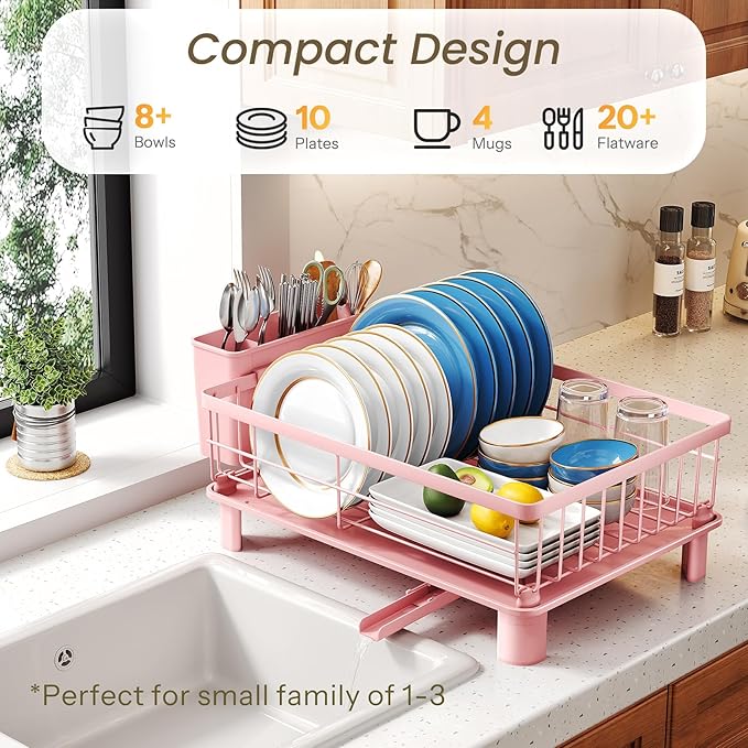 SNTD Dish Drying Rack - Small Dish Rack for Kitchen Counter, Stainless Steel Dish Drainer with Utensil Holder and Drainboard, 11" W x 15" L (Pink)