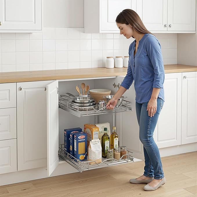 2-Tier Pull-Out Cabinet Organizer with Heavy-Duty Steel Frame, Full-Extension Sliding Shelves, Holds 100 lbs, Easy Install for Kitchen, Pantry & Under Sink Cabinets, 20" W x 21”D x 16.5" H