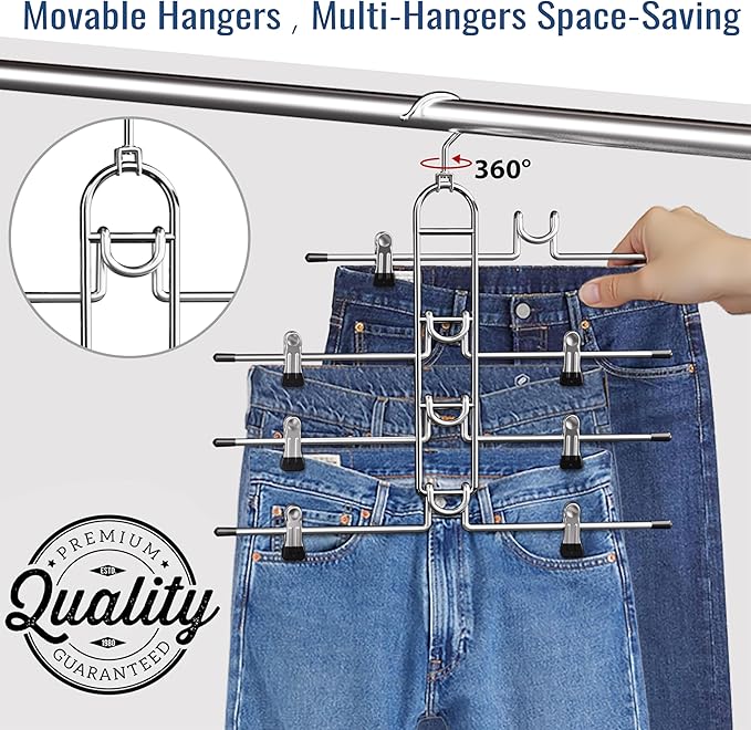 Pants & Skirt Hangers with Clips, Newly Upgraded Detachable - Space Saving Hangers, 4-Tiers Skirt Hangers for Women - Hanging Closet Organizer and Storage-4 Pack, Patent Pending