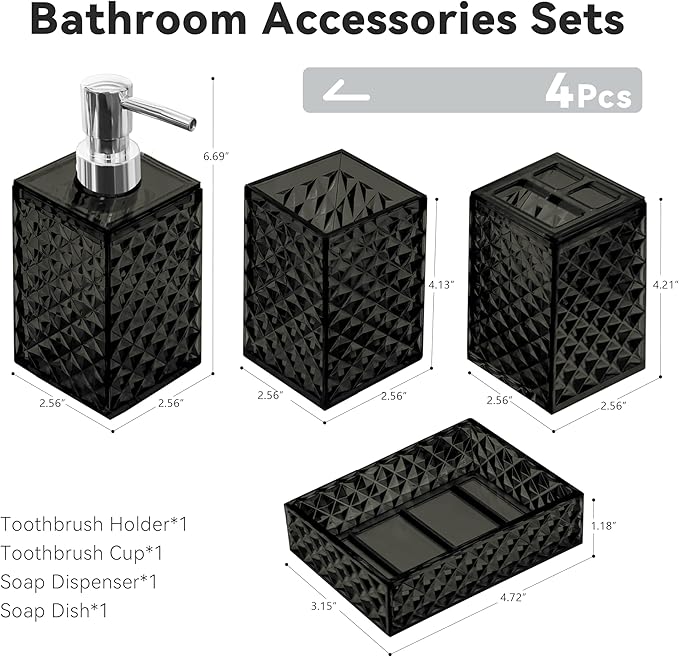 Bathroom Accessory Set, 4 PCS Black Bathroom Accessories Set, Soap Dispenser and Toothbrush Holder Set, Soap Dish and Mouthwash Cup, Boho Bathroom Decor, Bathroom Sets Accessories