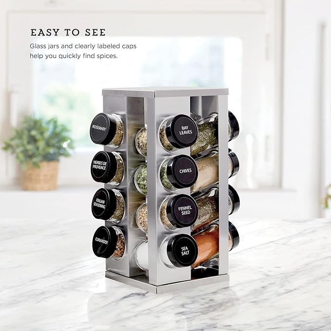 Kamenstein 16 Jar Heritage Revolving Countertop Spice Rack Organizer with Spices Included, FREE Spice Refills for 5 years, Brushed Stainless Steel with Black Caps | Revolving, Organizer, with Spices Included, with Black Caps