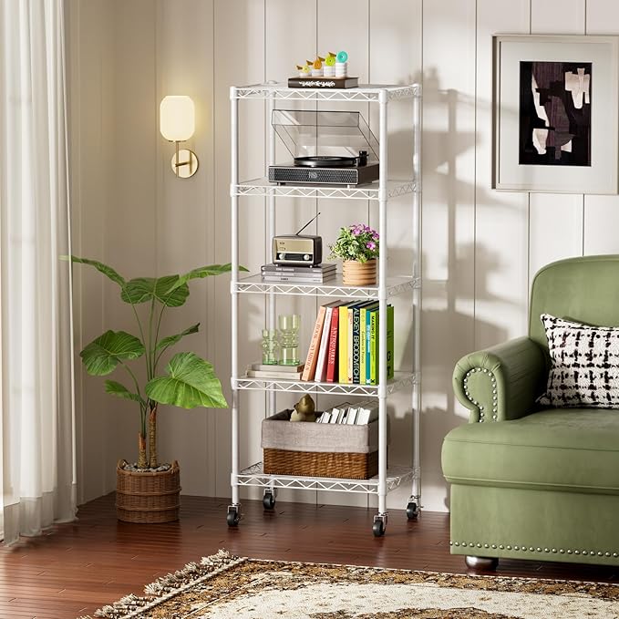 SINGAYE 6 Small Shelf Storage Wire Shelves Closet Bathroom Organizers Metal Pantry Kitchen Garage Shelving Unit Laundry Room Organization Home Narrow Rack Net Basket with Wheels White