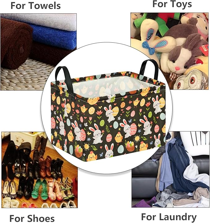 Easter Storage Basket Eggs Bunny Flower Gifts Cube Waterproof Storage Bins Organizer,Foldable Closet Shelf Baskets with handles for Women,Nursery Hamper Toys Box,Room Decorations