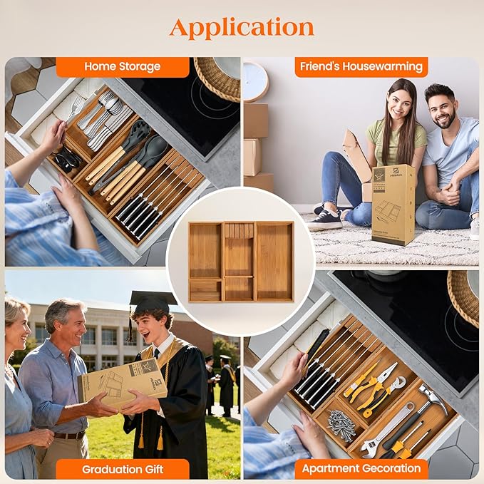Carbonized Bamboo Kitchen Silverwar Drawer Organizer,14.2 inch Length Natural Utensil Flatware Organizers Tray Storage for Spoons Forks & Knives