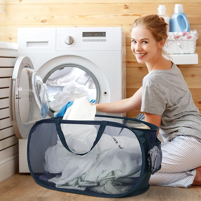 4 Pack Collapsible Laundry Baskets, Foldable Laundry Basket with Pocket, Durable Pop Up Hampers, Reinforced Handles Dirty Clothes Hamper for Laundry, Bedroom, Bathroom, Dorm, Travel or Camping Navy
