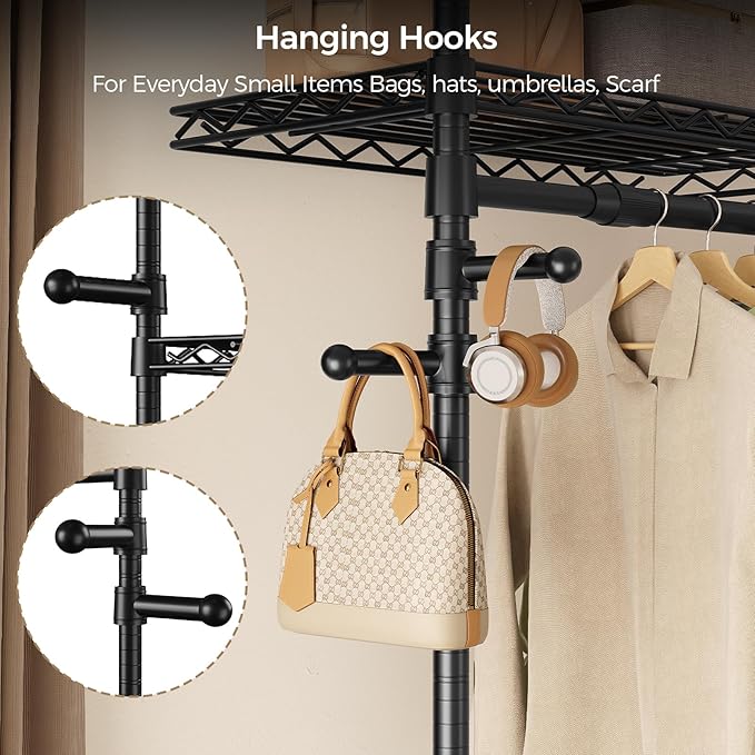 Closet Organizers and Storage, 2-Row Heavy Duty Garment Rack Clothes Rack for Hanging Clothes, Wall Mounted Closet System with 2 Telescopic Rods, 3 Hooks, 6 Shelves for Wardrobe, Bedroom, Small Space