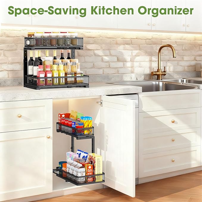 Under Sink Organizer 2-Pack, Metal 2-Tier Pull-Out Cabinet Shelf with Slide-Out Mesh Drawers, Height Adjustable, Space-Saving Under Sink Storage Racks for Kitchen, Bathroom, Laundry Room
