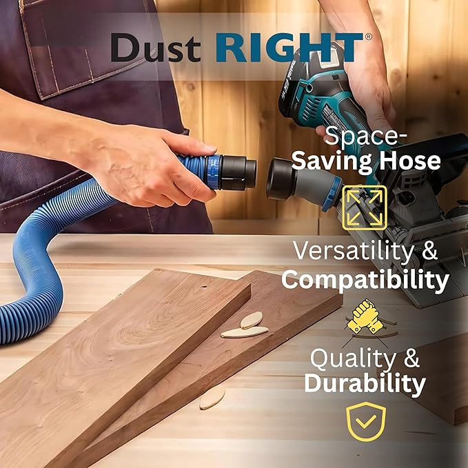 Dust Right Flexiport Power Tool Hose Kit - 3 To 12' Expandable Hose & 4 FlexiPorts - Lightweight Dust Collectors for Woodworking Power Tools - Collector Hose for Shop Vacuums, Table Saw & More