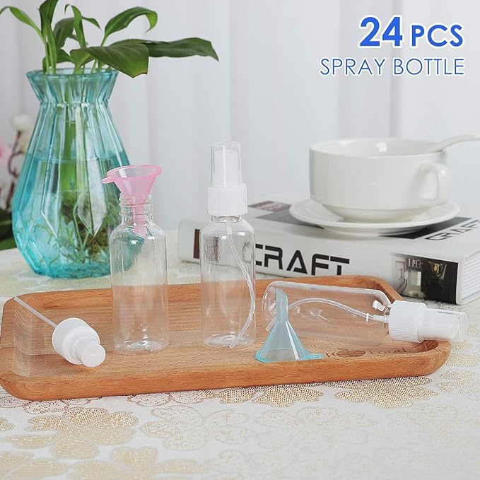 24 Pcs Spray Bottles 2oz / 55ml Clear Empty Mini Spray Bottles Refillable Container Pocket Size Sprayer Set Essential Oils Travel Cleaning Makeup Bottles with 2pcs Funnels 32pcs Labels