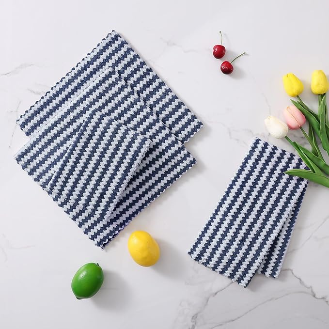 Homaxy 24 Pack Kitchen Dish Cloths, Ultra Soft and Absorbent Dish Towels, Reusable Fast Drying Microfiber Cleaning Cloth, Coral Velvet Wave Design No-lint, 10 x 10 inches, Navy Blue