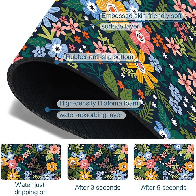 Colorful Flower Sink Splash Guard Faucet Mat Flowers Leaves Super Absorbent Fast Drying Mat Sink Gadgets-Splash Guard Behind Faucet Drip Catcher for Kitchen Bathroom, 15.5"x5.5"