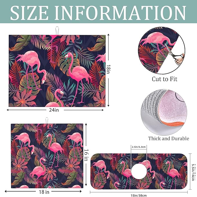 Set of 3 Flamingo and Palm Tree Dish Drying Mat & Kitchen Sink Splash Guard Faucet Mat For Kitchen Counter Absorbent Microfiber Dishes Pad Dish Drainer Rack Mats Fast Dry Kitchen Accessories