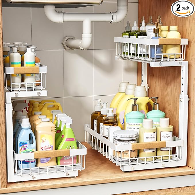 PXRACK Under Sink Organizer, Adjustable Height, 2-Pack 2 Tier Pull Out Under Cabinet Organizer, Slide Out Thickened Metal Under Sink Storage for Kitchen Bathroom Laundry Pantry Cabinet, S, White