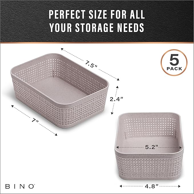 BINO | Woven Plastic Basket | XS (Natural Grey), 5-Pack | THE JUTE COLLECTION | Home Organization, Space - Saving Storage, Stylish Design | Jute Basket | Plastic Storage Basket
