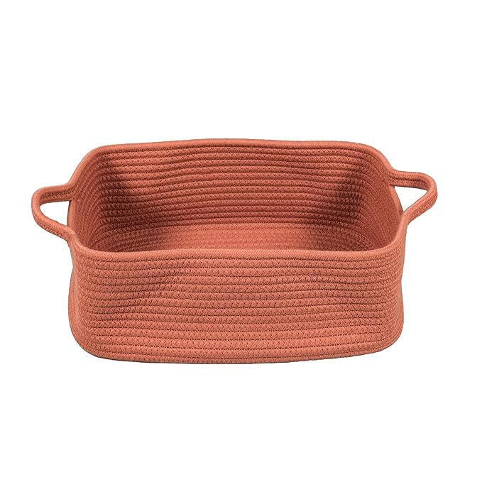 Woven Cotton Rope Storage Basket with Handles for Organizing Shelves Closet Small Cat Dog Pet Toy Baskets Box Bin Decorative Rectangle Baby Nursery Basket Gift Basket Empty (Rust)