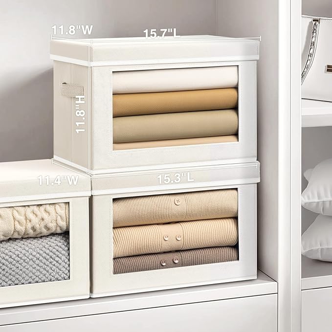 Storage Bins with Lids, 3 Pack Large Storage Cubes with Window, Closet Bins with Lids & Handles, Fabric Box for Organizing Clothes, Towels, Books, Beige