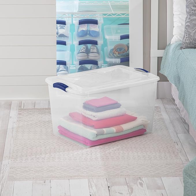 4-PACK, 66QT Transparent Plastic Storage Box with a Secure Locking Cover, Stackable, Suitable For Organizing Household Items, Garage and Office Use.