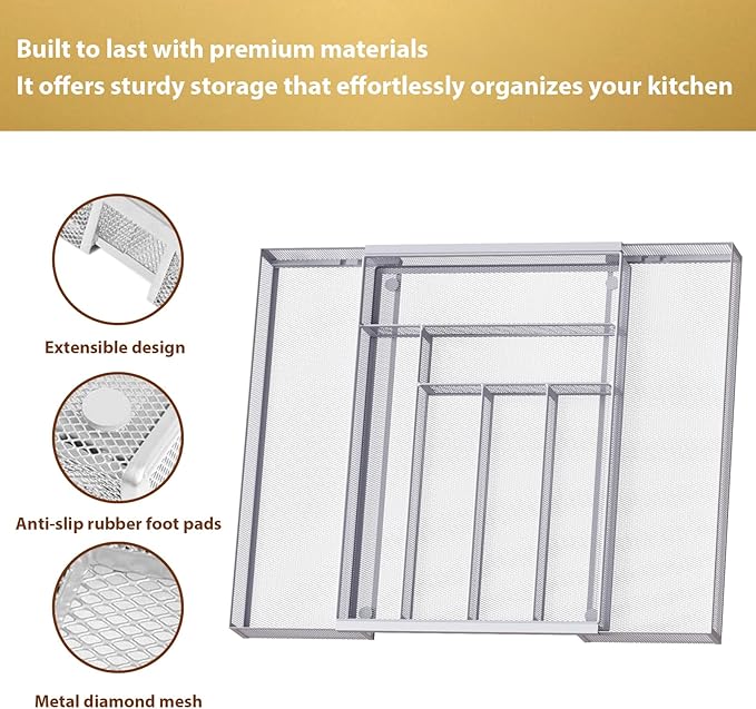 Silverware Organizer Metal Mesh, Large Drawer Organizer, Utensil Cutlery Tray for kitchen drawers, Expandable Flatware Organizer with 8 Compartment Silver 11.6"~20" x 17.3"