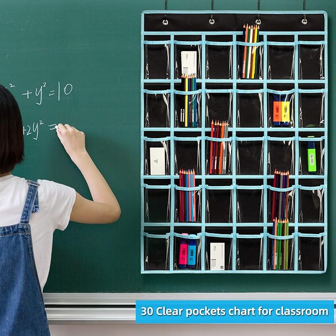 KEEPJOY Classroom Pocket Chart Organizer,Cell Phones Calculator Holder for Classroom with 30 Clear Pockets and Number Sticker Size 33.5x 24.5 Inch (2pack-black)