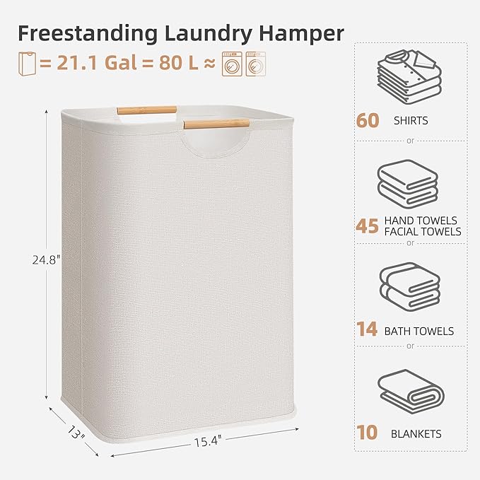 STORAGE MANIAC Large Laundry Hamper, 80L (21.1 Gal) Collapsible Laundry Basket with Bamboo Handles, Freestanding Waterproof Clothes Hamper for Laundry Room, Bedroom, Dorm, Towels, Toys, Beige