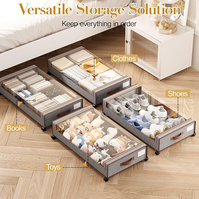Yecaye Under Bed Storage with Wheels, 2 Pack Under the Bed Storage Containers with Lids & Label, XXL 60L Rolling Underbed Storage Drawers for Clothes, Blankets, Shoes