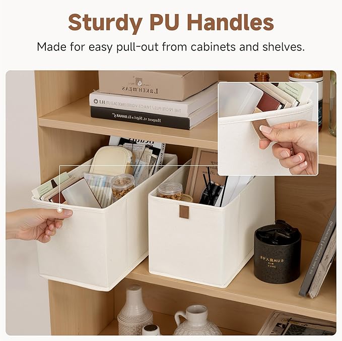 StorageWorks Narrow Storage Baskets for Shelves, Small Storage Bins, Fabric Storage Bins with PU Handle, Ideal for Clothes, Underwear, and Diapers, Beige, 2-Pack