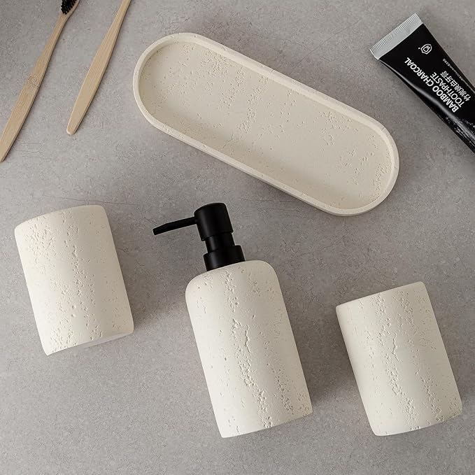 Bathroom Accessories Set, 4 Piece Travertine Stone Look Collection, Modern Bath Organizer with Soap Dispenser, Toothbrush Holder, Tumbler, Vanity Tray for Countertop Kitchen Sink (Off White)