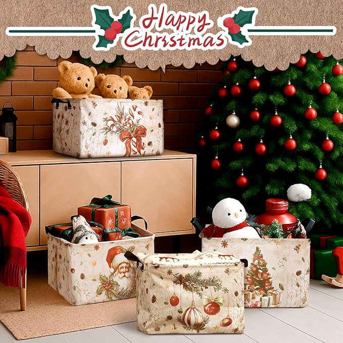 4 Pack Christmas Storage Bin Collapsible Large Christmas Storage Baskets for Gifts Xmas Tree Canvas Laundry Basket Foldable Box with Handle for Office Home Bedroom Clothes Toys Holiday Decor
