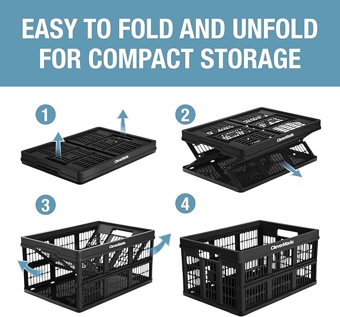 CleverMade Collapsible Utility Crates-Obsidian 1pck 45L / 11 Gal holds 66 lbs - Stackable Containers Heavy Duty Capacity Crates - Space-Saving Baskets