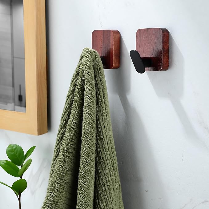 DELITON Acacia Wooden Towel Hooks Red Brown, 4 Pack Sticky Hooks for Hanging Towels, Coat, Hat, Robe, Heavy Duty, No Damage