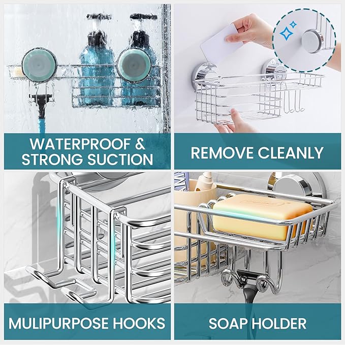 TAILI Shower Caddy Suction Cup 2 Pack with Hooks and Soap Holder, Heavy Duty Shower Organizer for Bathroom, No Drilling Silver bathroom suction shelves