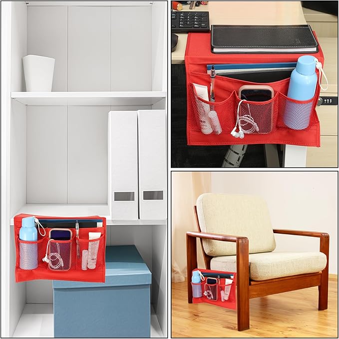 PATIKIL Bedside Caddy, Bed Caddy Bedside Organizer Bed Hanging Caddy 4 Pockets Bed Pockets Bedside Storage Hanging Storage Bag for Remote Control Bedroom Phones Glasses, Red