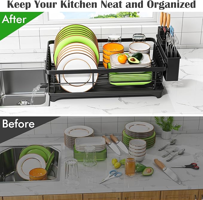 Dish Drying Rack - Space-Saving Small Dish Rack for Kitchen Counter, Rust-Resistant Kitchen Drying Rack, Compact Dish Drainer Organizer with Utensil Holder for Home Kitchen, Black