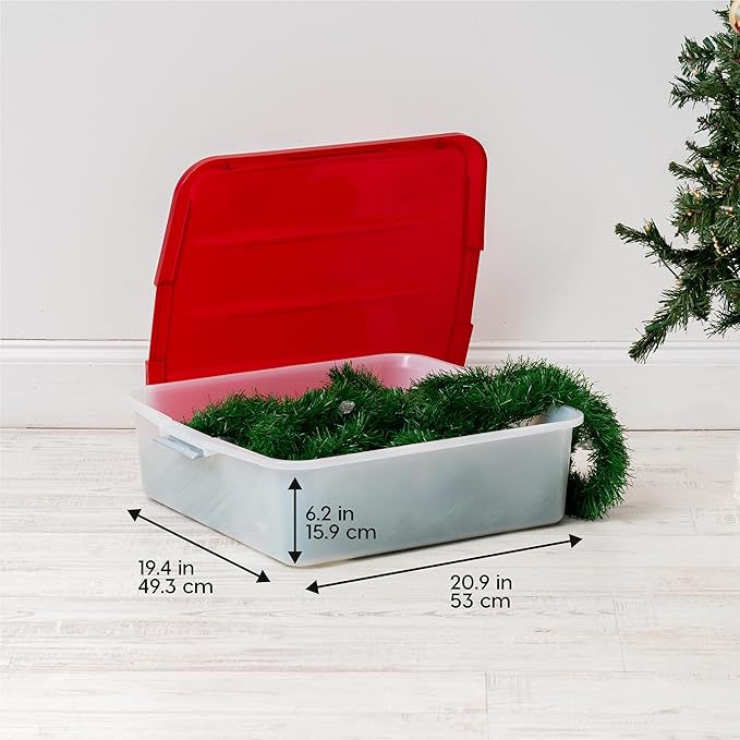IRIS USA 33 Quart Christmas Wreath Storage Container Box with Lid, 3-Pack, Stackable Under Bed Storage Organizer Bin with Latching Buckles for 20" Wreaths Christmas Decorations Garlands, Clear/Red