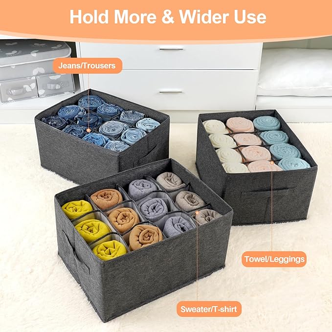 2Pcs Closet Organizers and Storage Bins for Clothes - 12 Cell Drawers Organizer Grid Storage Box for Jeans Pants Sweater Towel T-shirts, Wardrobe Shelf Dividers Closets Organization
