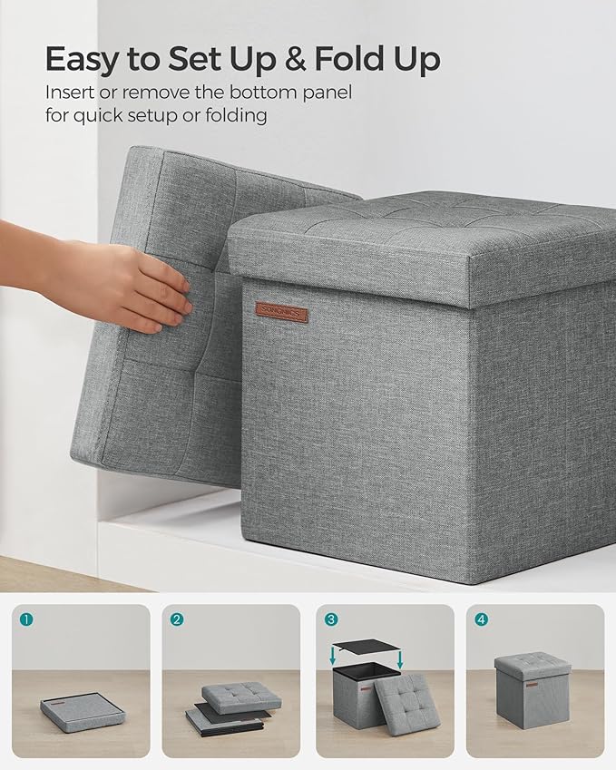 SONGMICS Storage Ottoman, Foldable Small Ottoman Foot Rest, 11.8 Inches Foot Stool, Cube Ottoman with Storage, Load up to 286 lb, for Living Room, Bedroom, Dorm, Light Gray ULSF028G02