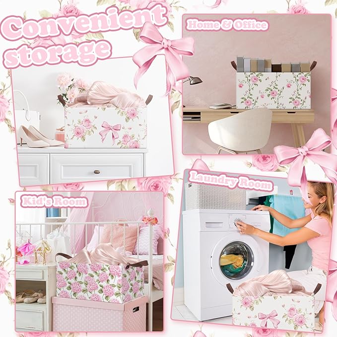 Boao 3 Pcs Pink Hydrangea Foldable Storage Baskets Pink Flower Laundry Basket with Handles Waterproof Storage Bins Fabric Shelf Baskets for Organizing Closet Clothes