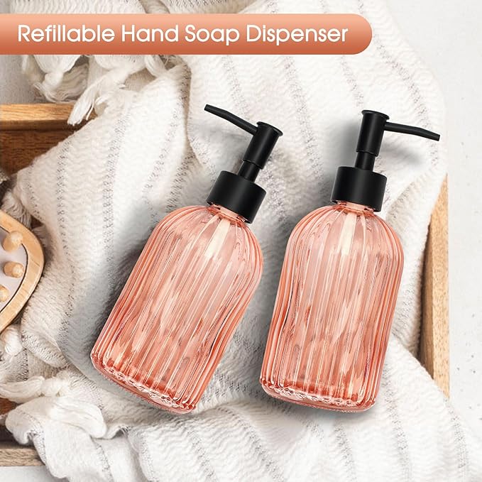 Topsky 2 Pack Glass Soap Dispenser with Black Plastic Pump, 400ml Liquid Hand Soap Dispenser, Rustproof Pump for Kitchen & Bathroom, Great for Lotions, Essential Oil, Liquid Soaps-Pinkish Orange
