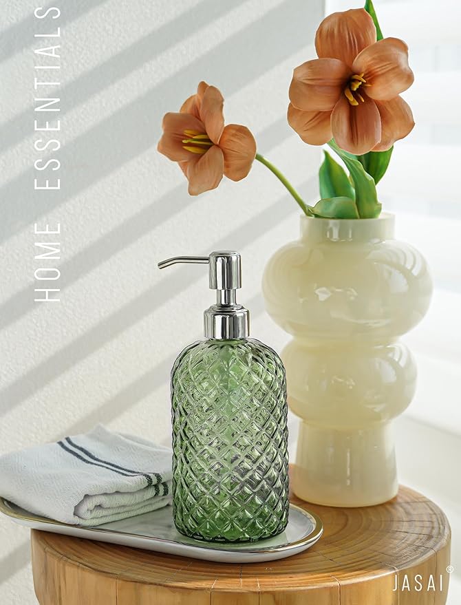JASAI 18Oz Tea Green Soap Dispenser with Rust Proof Pump, Refillable Glass Soap Dispenser for Bathroom & Kitchen to Dispense Dish Soap, Hand soap, Lotion.