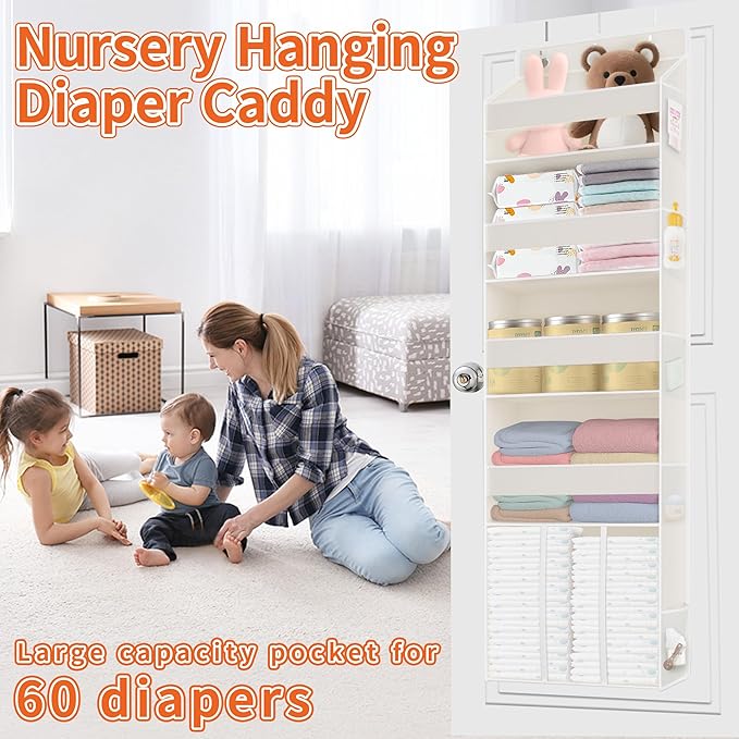 5-Tier Over The Door Organizer with 10 Mesh Pockets | Large Capacity Hanging Closet Storage for Baby Diapers, Toys, Nursery& Newborn Essentials (Beige)