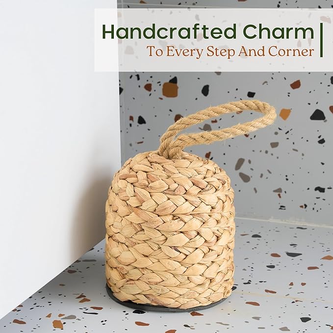 4.4lbs Natural Door Stopper for Bottom of Door Decorative Heavy Duty Door Stop with Handle Wicker Cute Door Stopper for Modern Farmhouse Water Hyacinth Home Decor 4.7" D x 6.3" H