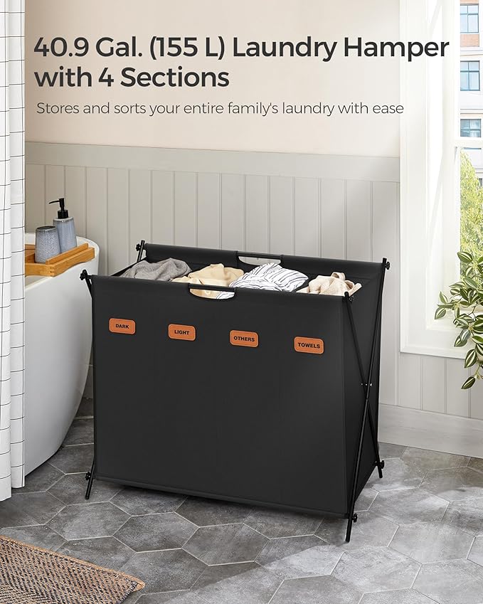 SONGMICS Laundry Hamper, Laundry Basket, 40.9 Gal. Laundry Sorter 4 Sections, Collapsible X-Frame, Clothes Organizer with Customizable Labels, Laundry Room, Bedroom, Bathroom, Ink Black ULCB140B01