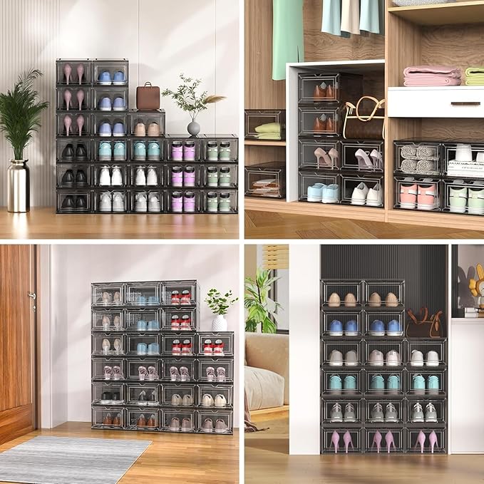 JWQ 10 Pack Extra XX Large Hard Plastic Clear Stackable Shoe Storage Box Organizer for Closet, Thicken Sturdy Sneaker Shoe Rack Display Case Containers Bins with Lids and Magnetic Door, Grey