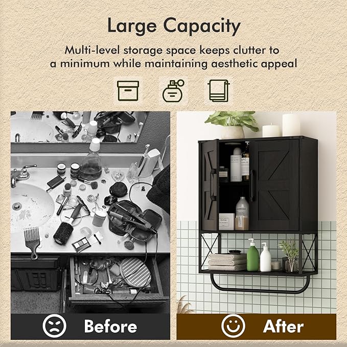 RUSTOWN Farmhouse Medicine Cabinet with 2 Barn Door, Wood Wall Mounted Storage Cabinet with Adjustable Shelf and Towel Bar, 3-Tier Bathroom Cabinet for Bathroom, Living Room(Black, Medium)