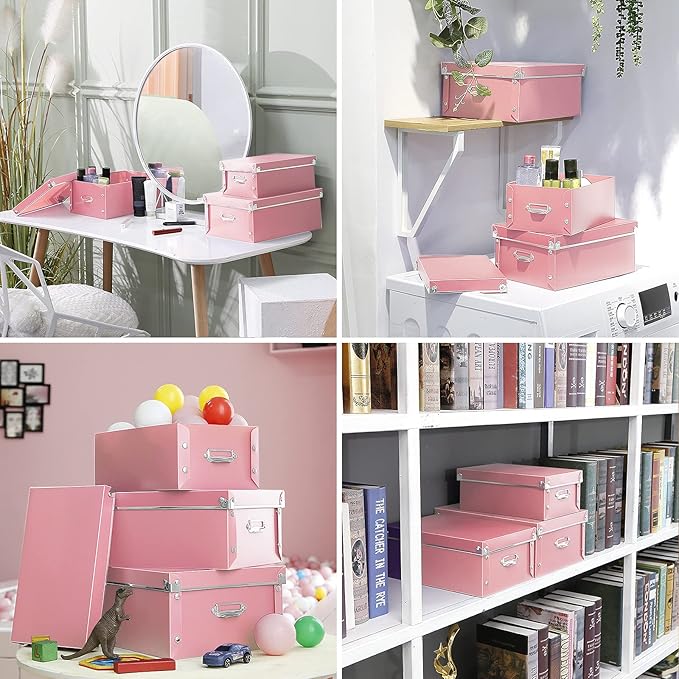SEEKIND Storage Box, Decorative Storage Bins with Lid,3 in 1 Set,Plastic,with Handles,Press-Stud Fastening,Moisture-proof,Foldable for Space Saving Storage,for Clothes,Cosmetic,Blankets (Pink) … …