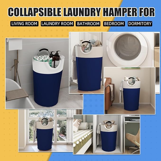 125L Laundry Basket, Collapsible Laundry Hamper with Padded Handles, Waterproof Laundry Bag, Tall Clothes Hamper Stand Up Well, Foldable Laundry Baskets for Easy Storage(Navy Blue)