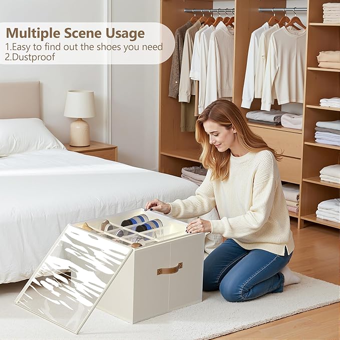 Shoe Organizer for Closet,2 Pack Shoe Storage Bins Foldable Shoe Storage Box Containers with Clear Cover and Sturdy Handles,Shoe Rack for Closet Storage for Sneakers Heels Slippers (Beige)